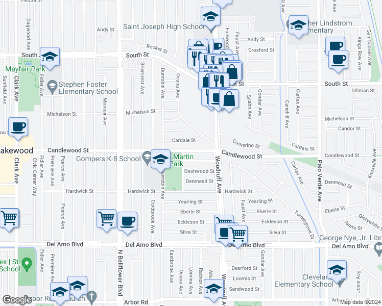 map of restaurants, bars, coffee shops, grocery stores, and more near 5822 Candlewood Street in Lakewood