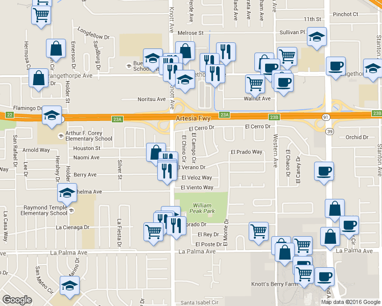 map of restaurants, bars, coffee shops, grocery stores, and more near 7525 El Campo Circle in Buena Park