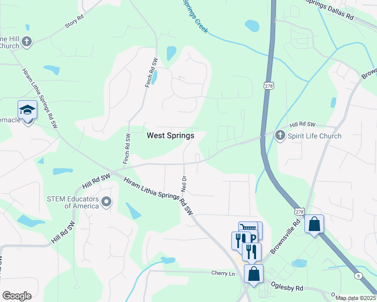 map of restaurants, bars, coffee shops, grocery stores, and more near 4195 Oak Springs Road in Powder Springs