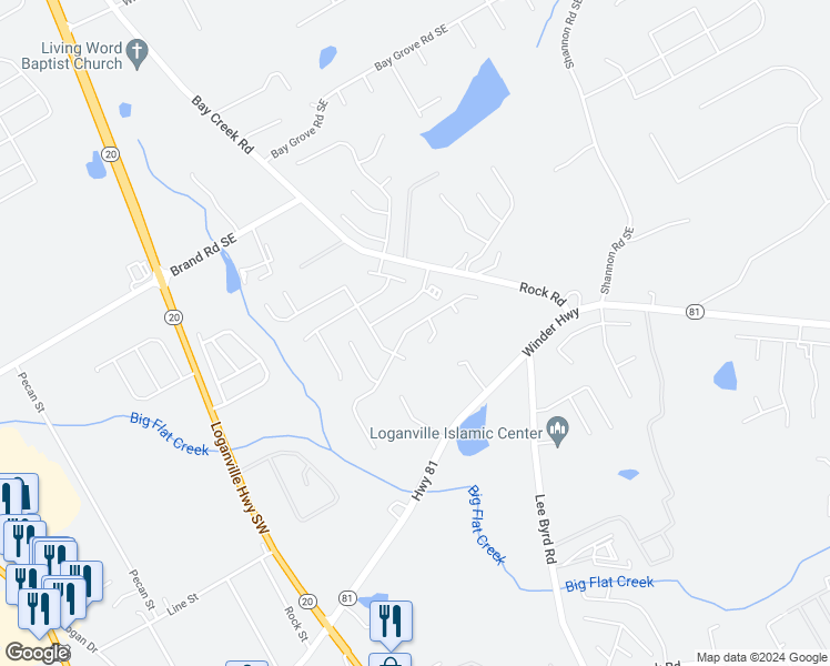 map of restaurants, bars, coffee shops, grocery stores, and more near 327 Baymist Drive in Loganville