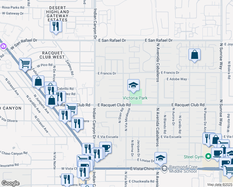 map of restaurants, bars, coffee shops, grocery stores, and more near 475 East Desert Willow Circle in Palm Springs