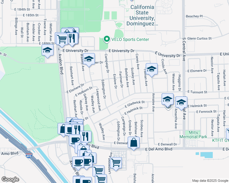 map of restaurants, bars, coffee shops, grocery stores, and more near 19617 Enslow Drive in Carson