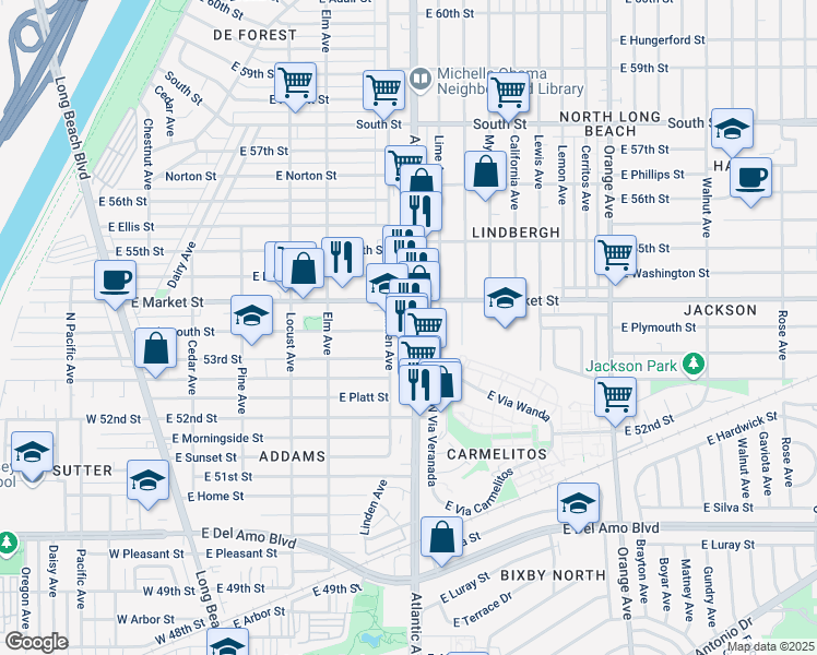 map of restaurants, bars, coffee shops, grocery stores, and more near 5361 Atlantic Avenue in Long Beach