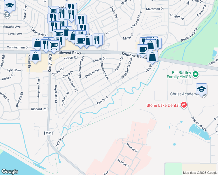 map of restaurants, bars, coffee shops, grocery stores, and more near 6 Sundial Court in Wichita Falls