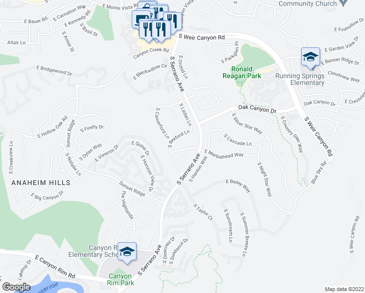 map of restaurants, bars, coffee shops, grocery stores, and more near 8151 East Marblehead Way in Anaheim