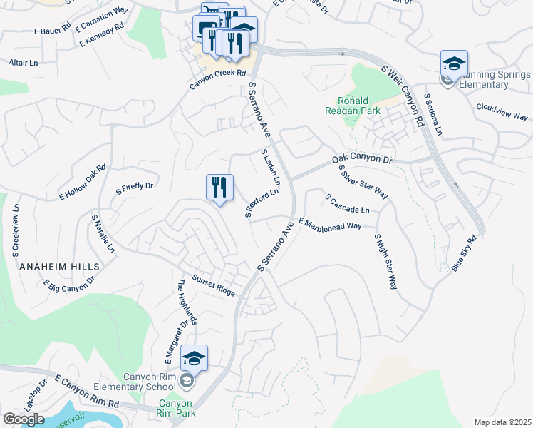 map of restaurants, bars, coffee shops, grocery stores, and more near 8141 East Marblehead Way in Anaheim