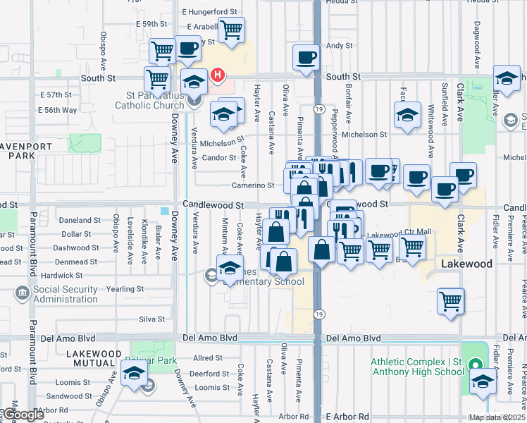 map of restaurants, bars, coffee shops, grocery stores, and more near 5250 Hayter Avenue in Lakewood