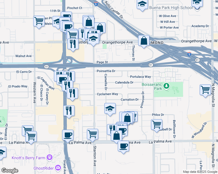 map of restaurants, bars, coffee shops, grocery stores, and more near 8109 Coral Bell Way in Buena Park