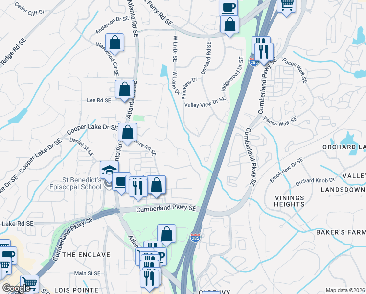 map of restaurants, bars, coffee shops, grocery stores, and more near 4105 Oberon Drive Southeast in Smyrna