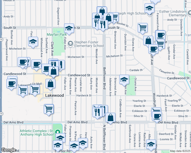 map of restaurants, bars, coffee shops, grocery stores, and more near 5249 Montair Ave in Lakewood