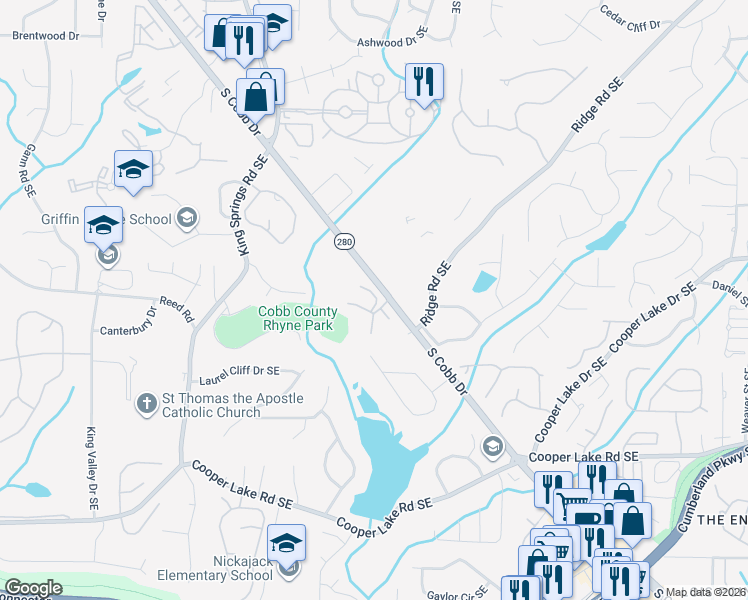 map of restaurants, bars, coffee shops, grocery stores, and more near 4098 South Cobb Drive Southeast in Smyrna