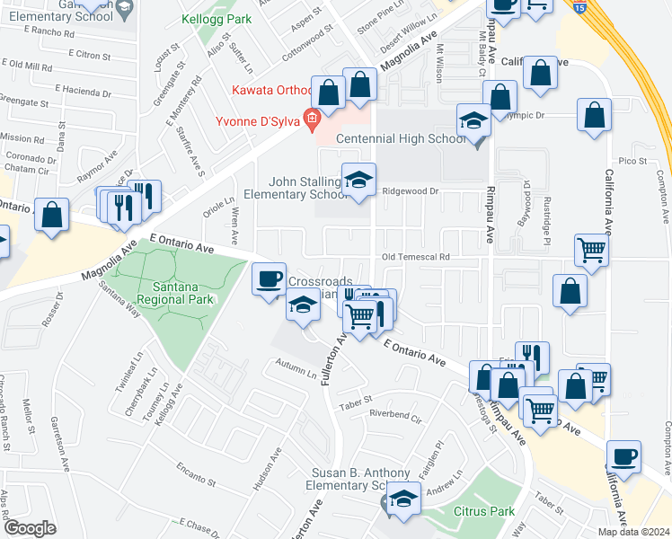 map of restaurants, bars, coffee shops, grocery stores, and more near 2146 Stratford Drive in Corona