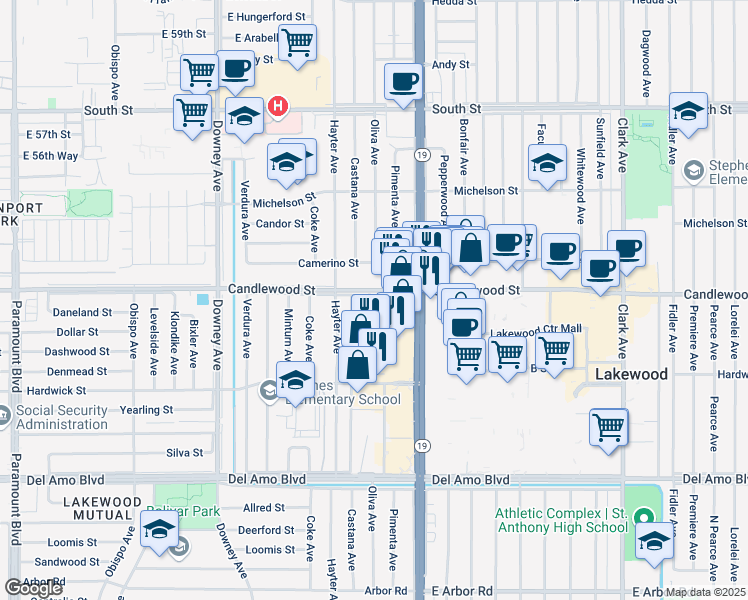 map of restaurants, bars, coffee shops, grocery stores, and more near 5254 Oliva Avenue in Lakewood