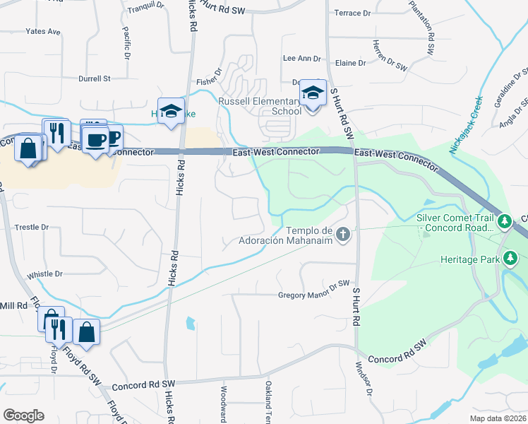 map of restaurants, bars, coffee shops, grocery stores, and more near 4169 Barnes Meadow Road Southwest in Smyrna