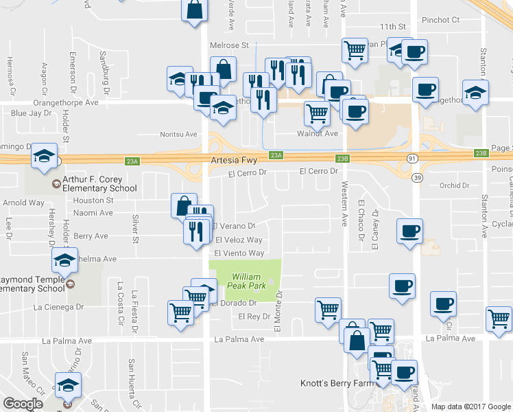 map of restaurants, bars, coffee shops, grocery stores, and more near 7524 El Cedro Circle in Buena Park