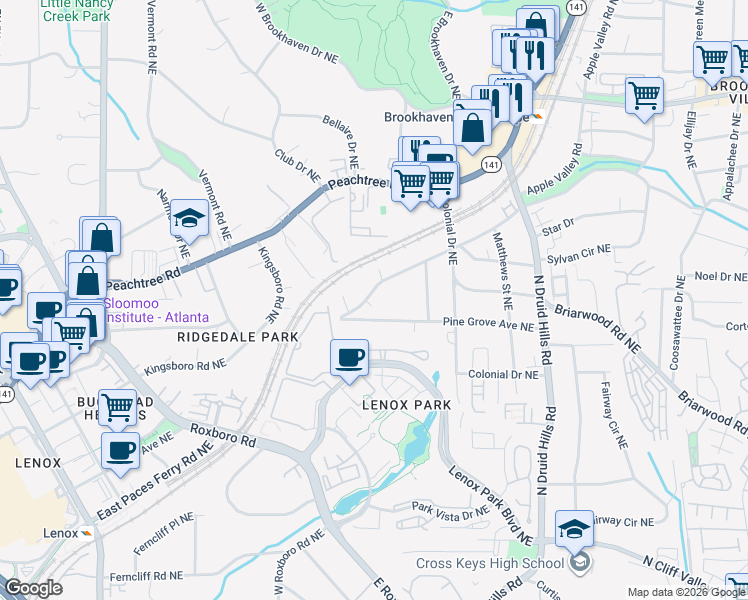 map of restaurants, bars, coffee shops, grocery stores, and more near 1053 Standard Drive Northeast in Atlanta