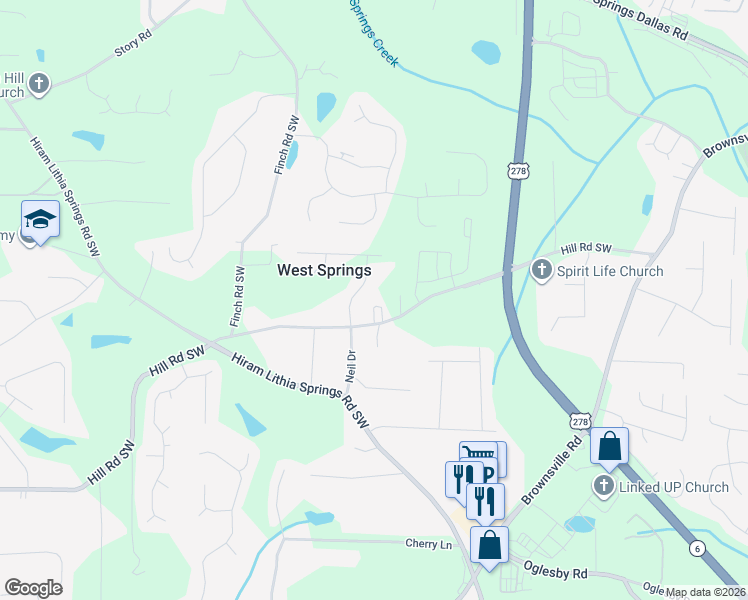 map of restaurants, bars, coffee shops, grocery stores, and more near 5120 Hill Road Southwest in Powder Springs