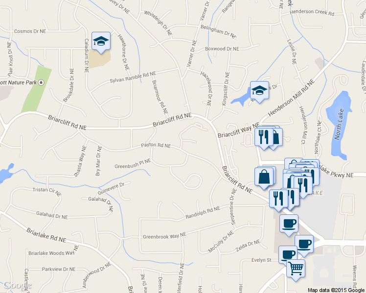 map of restaurants, bars, coffee shops, grocery stores, and more near 2900 Payton Oaks Drive in Atlanta