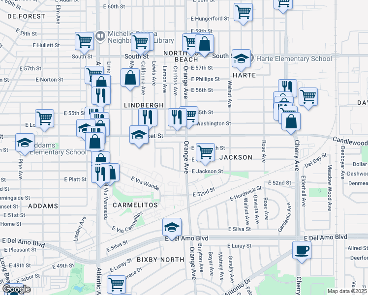 map of restaurants, bars, coffee shops, grocery stores, and more near 5359 Orange Avenue in Long Beach