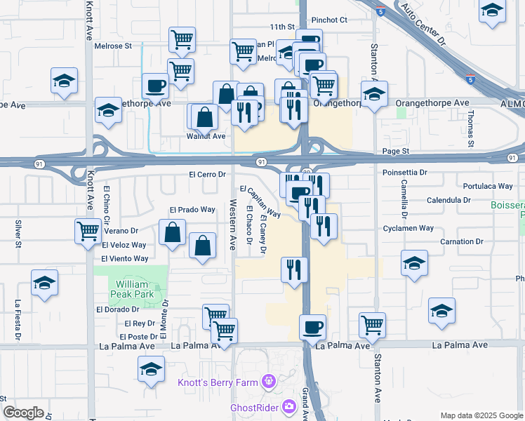 map of restaurants, bars, coffee shops, grocery stores, and more near 7650 El Capitan Way in Buena Park