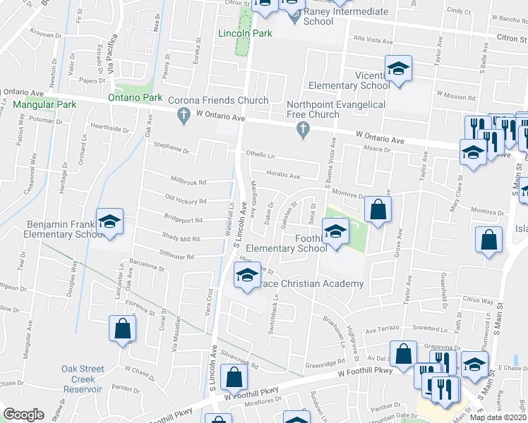 map of restaurants, bars, coffee shops, grocery stores, and more near 2536 Dakin Drive in Corona