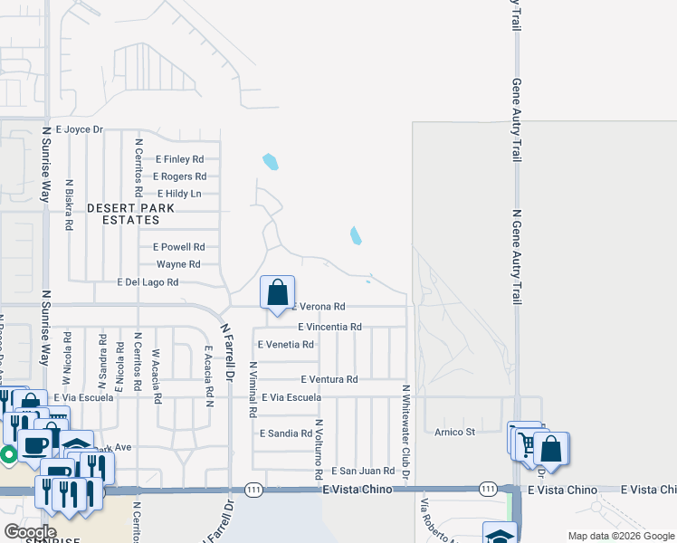 map of restaurants, bars, coffee shops, grocery stores, and more near 2521 North Whitewater Club Drive in Palm Springs