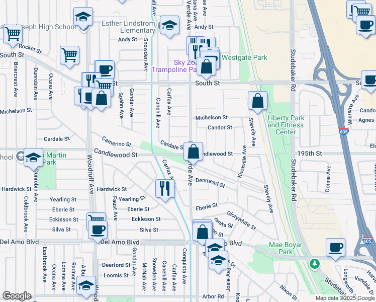 map of restaurants, bars, coffee shops, grocery stores, and more near 6350 Cardale Street in Lakewood