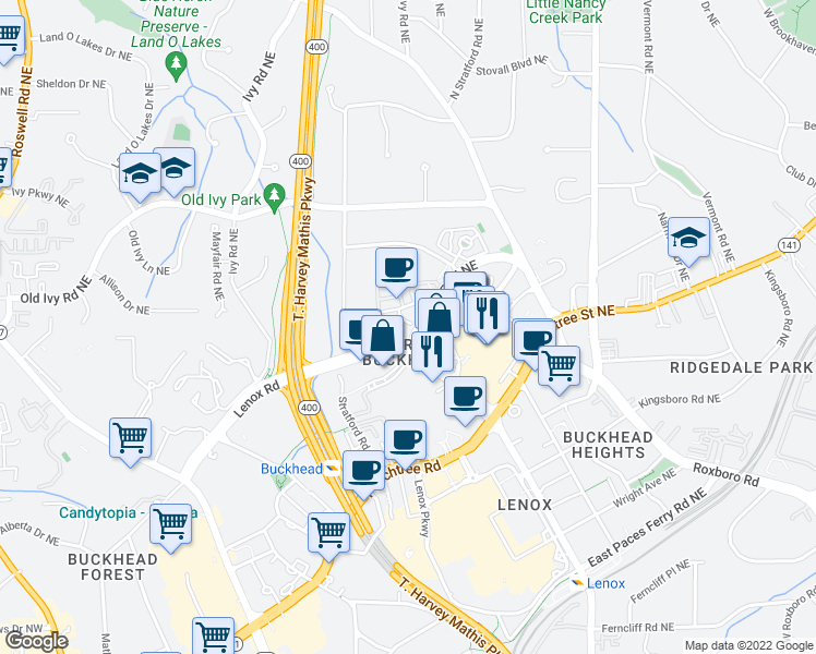 map of restaurants, bars, coffee shops, grocery stores, and more near 3410 Alexander Road Northeast in Atlanta