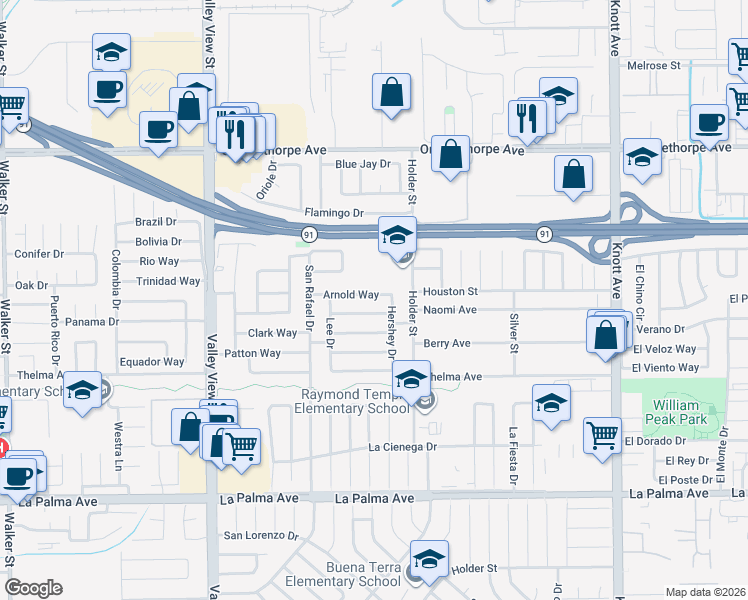 map of restaurants, bars, coffee shops, grocery stores, and more near 6396 Arnold Way in Buena Park