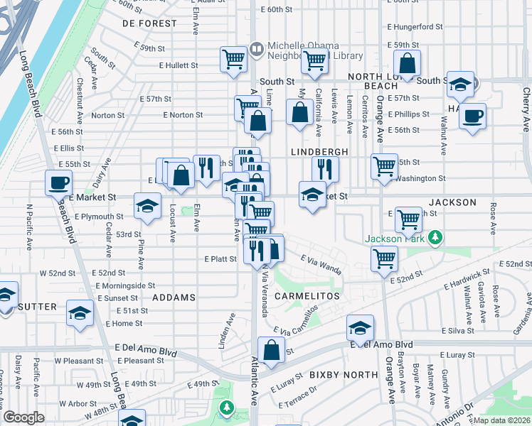 map of restaurants, bars, coffee shops, grocery stores, and more near 5355 Lime Avenue in Long Beach