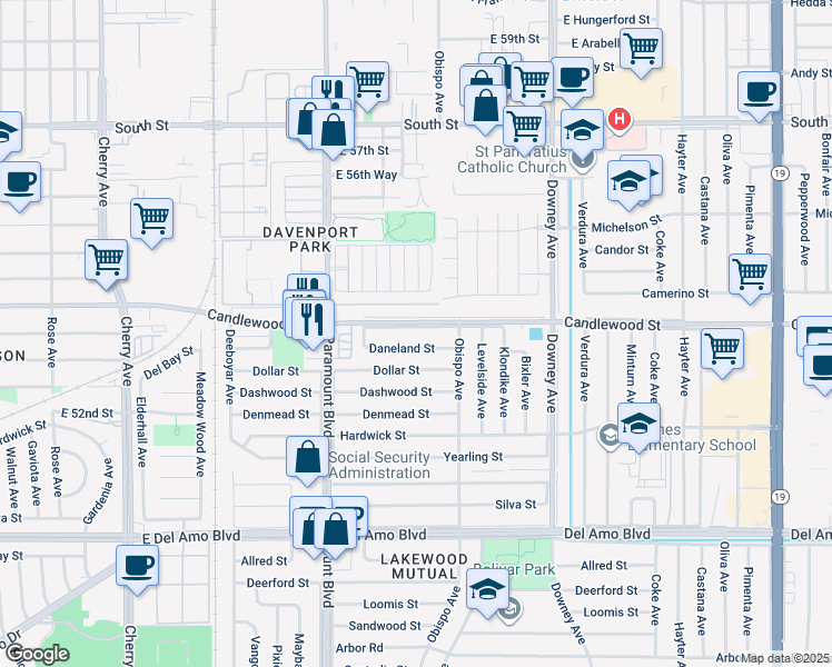 map of restaurants, bars, coffee shops, grocery stores, and more near 2902 Candlewood Street in Lakewood