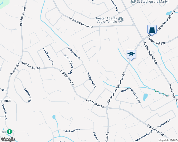 map of restaurants, bars, coffee shops, grocery stores, and more near 628 Rollingwood Drive in Stone Mountain