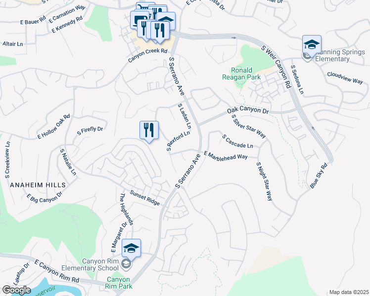map of restaurants, bars, coffee shops, grocery stores, and more near 8161 East Marblehead Way in Anaheim