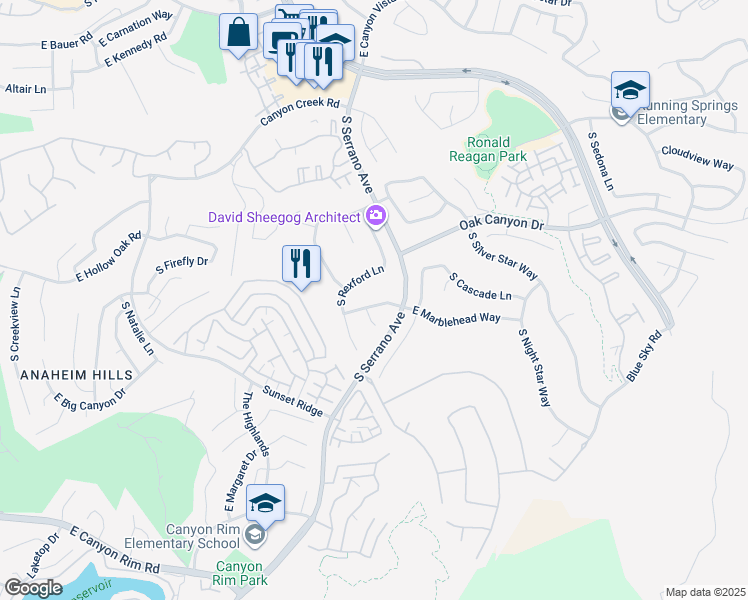 map of restaurants, bars, coffee shops, grocery stores, and more near 8161 East Marblehead Way in Anaheim