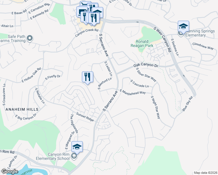 map of restaurants, bars, coffee shops, grocery stores, and more near 8151 East Marblehead Way in Anaheim