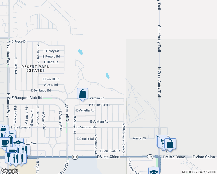map of restaurants, bars, coffee shops, grocery stores, and more near 2510 North Whitewater Club Drive in Palm Springs