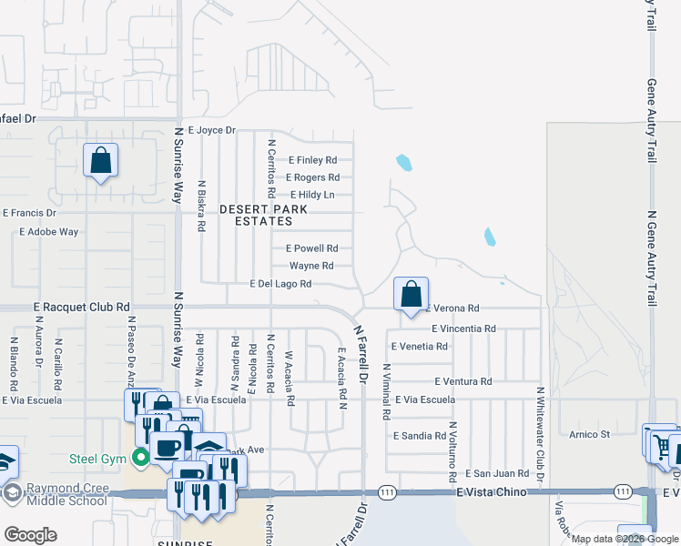 map of restaurants, bars, coffee shops, grocery stores, and more near 2599 North Farrell Drive in Palm Springs