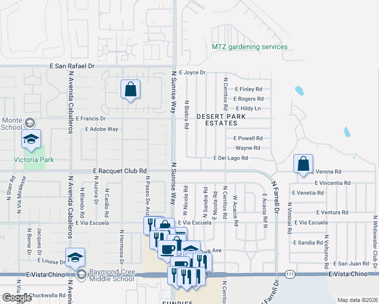map of restaurants, bars, coffee shops, grocery stores, and more near 2645 North Biskra Road in Palm Springs