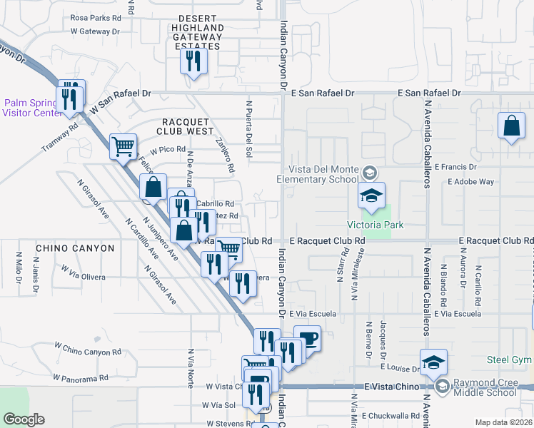 map of restaurants, bars, coffee shops, grocery stores, and more near 130 West Racquet Club Road in Palm Springs