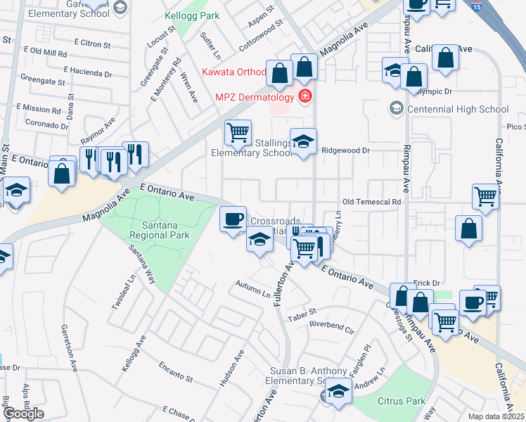 map of restaurants, bars, coffee shops, grocery stores, and more near 769 Yorkshire Way in Corona