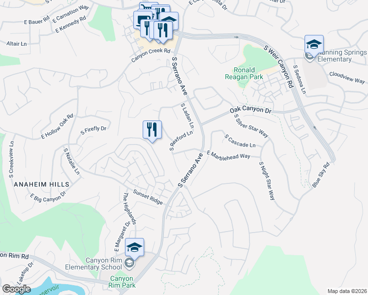 map of restaurants, bars, coffee shops, grocery stores, and more near 8151 East Marblehead Way in Anaheim