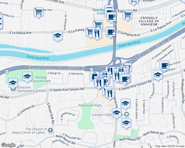 map of restaurants, bars, coffee shops, grocery stores, and more near 5501 East Edgemar Avenue in Anaheim