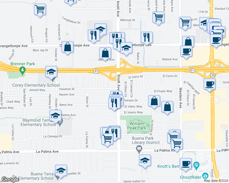 map of restaurants, bars, coffee shops, grocery stores, and more near 7524 El Cerro Drive in Buena Park