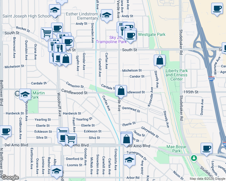 map of restaurants, bars, coffee shops, grocery stores, and more near 6350 Cardale Street in Lakewood
