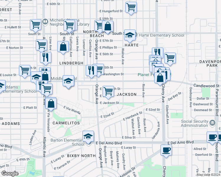 map of restaurants, bars, coffee shops, grocery stores, and more near 1312 East Plymouth Street in Long Beach