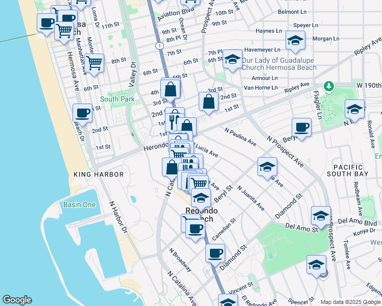 map of restaurants, bars, coffee shops, grocery stores, and more near 826 North Juanita Avenue in Redondo Beach