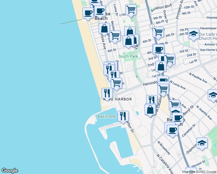 map of restaurants, bars, coffee shops, grocery stores, and more near 16 Hermosa Avenue in Hermosa Beach