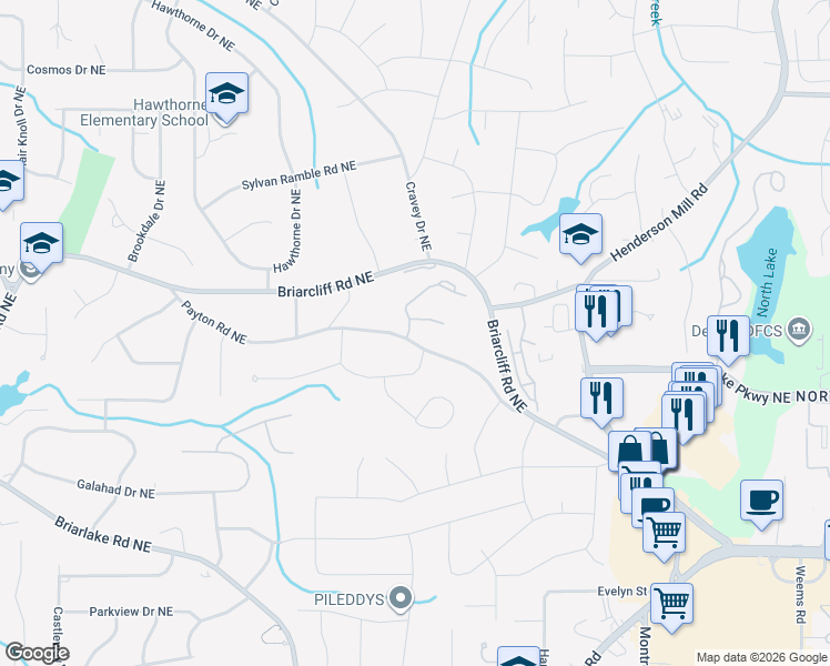 map of restaurants, bars, coffee shops, grocery stores, and more near 2900 Payton Oaks Drive in Atlanta