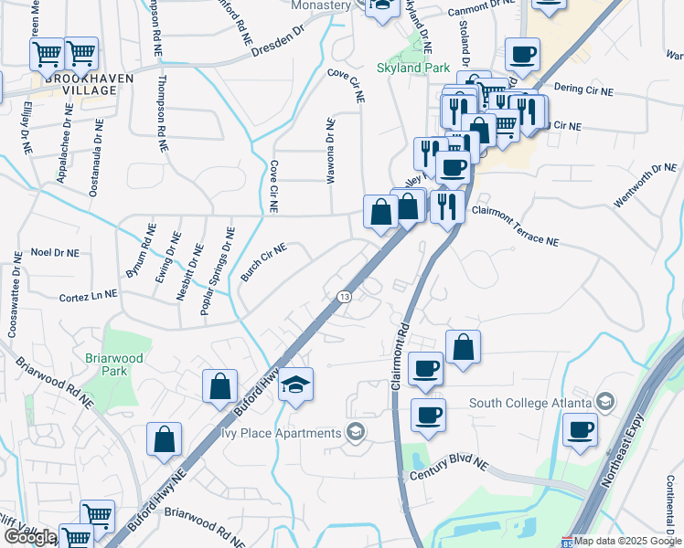 map of restaurants, bars, coffee shops, grocery stores, and more near 3704 Buford Highway Northeast in Atlanta