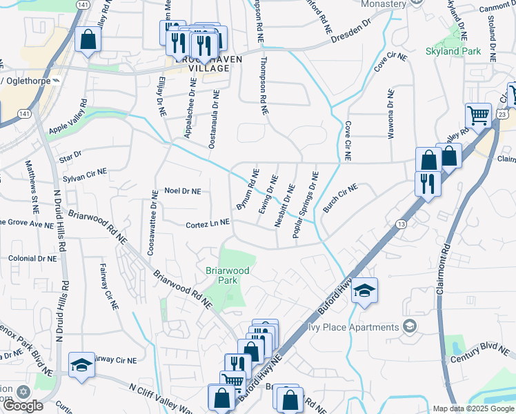 map of restaurants, bars, coffee shops, grocery stores, and more near 2332 Ewing Drive Northeast in Atlanta